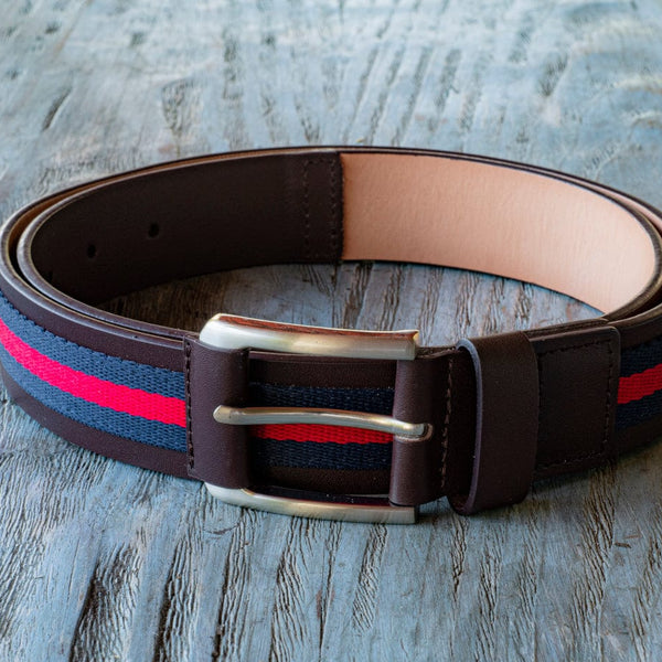 105cm Cinturón Caballero Armado - Cuero Genuino Cafe y tela Rojo-Azul