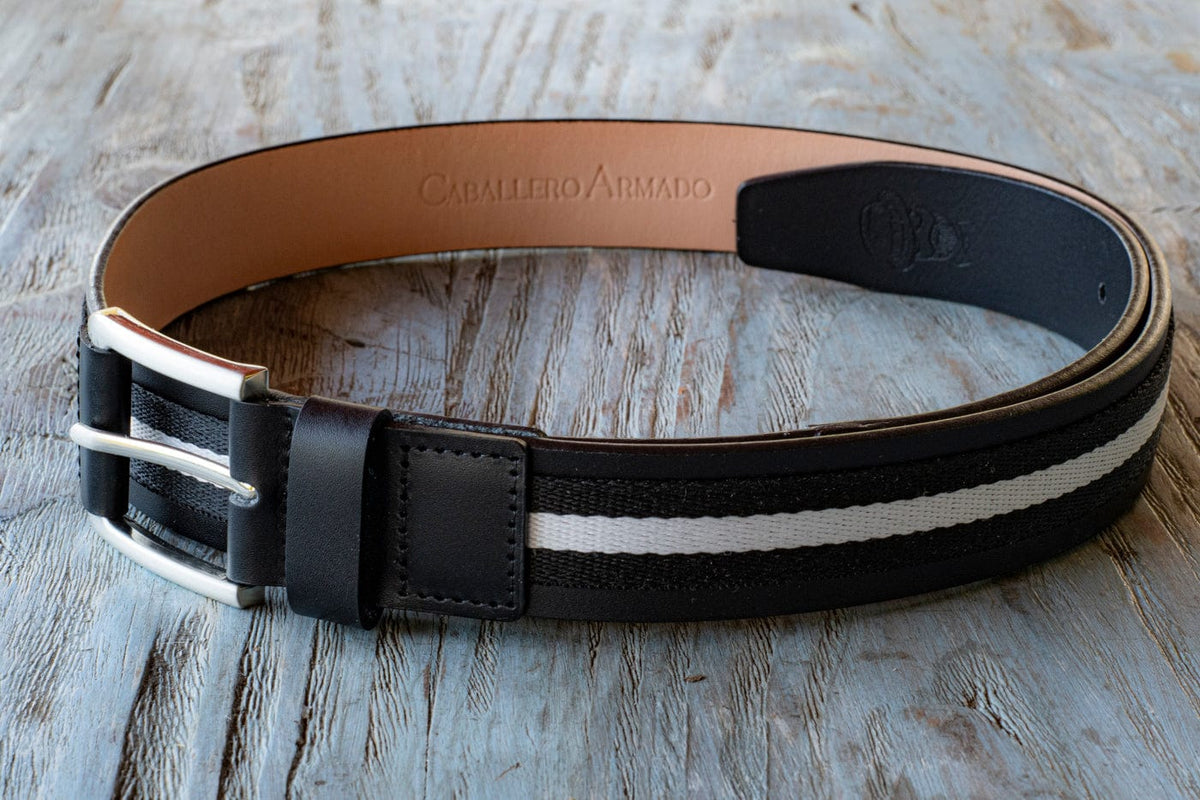 105cm Cinturón Caballero Armado - Cuero genuino negro y tela Blanca - Negra