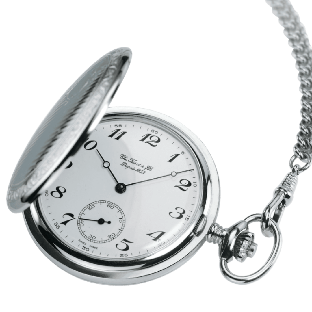 ⇨ Reloj Tissot de bolsillo en plata y mecanismo de cuerda, T83145213.